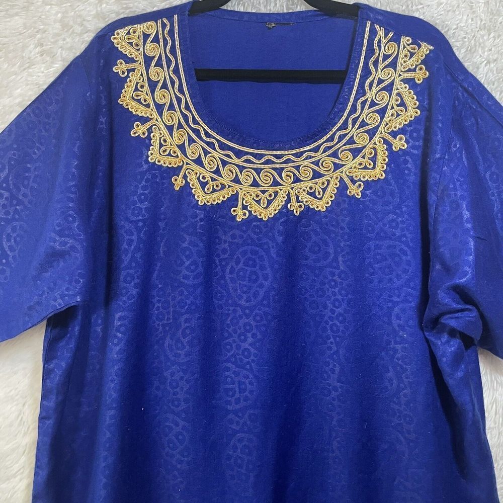 Vintage Embroidered Kaftan Kurti Royal Blue With Gold Scoop Neck - Picture 7 of 14